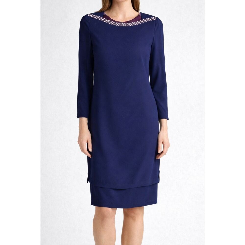Ursula of Switzerland Women’s Chiffon Formal Dress Navy Blue Sz 10P Long Sleeve